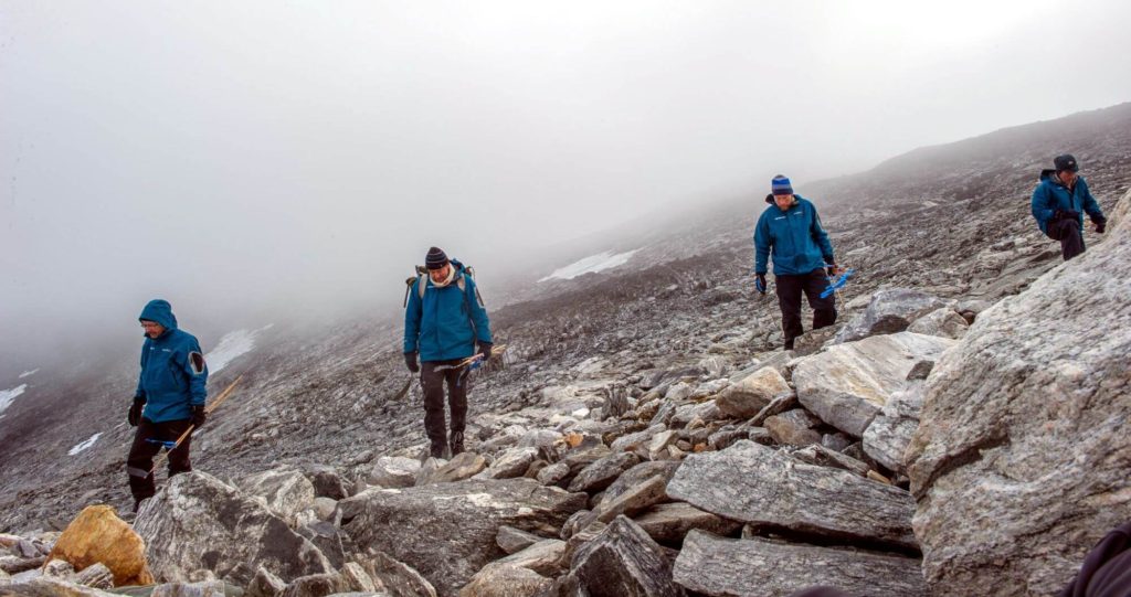 Survey at near the glaciated mountain pass at Lendbreen