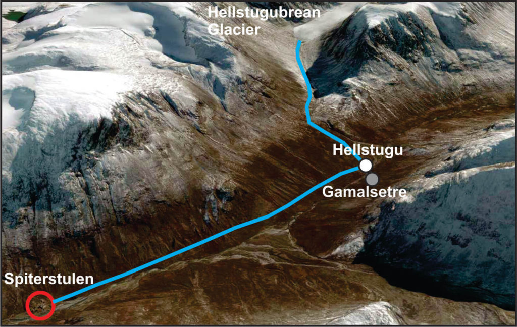 The glacier trail with the important sites marked. The distance from Spiterstulen to Hellstugu is c. 5 km. 