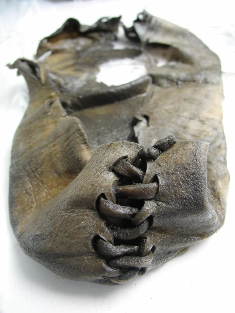 The Early Bronze Age shoe found at Langfonne in 2006, photographed in the museum lab.