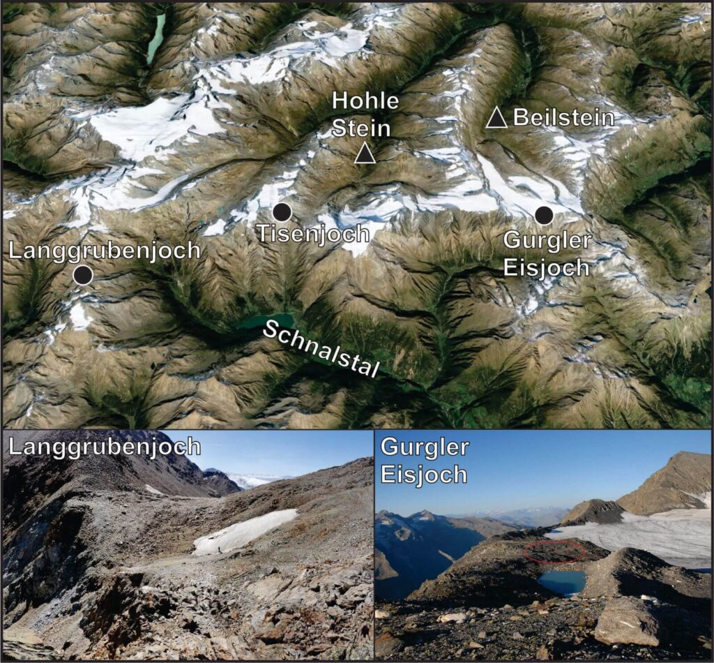 Google Earth photo of the surroundings of Tisenjoch and other sites marked.