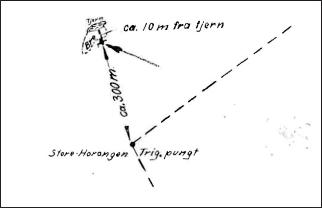 A hand-drawn map of the find spot at Mount Horrungen.