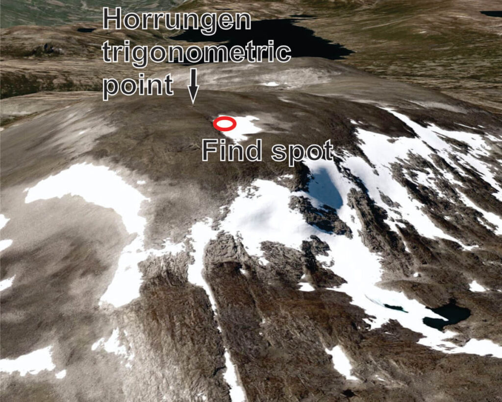 An aerial photo of the find spot on Mount Horrungen.