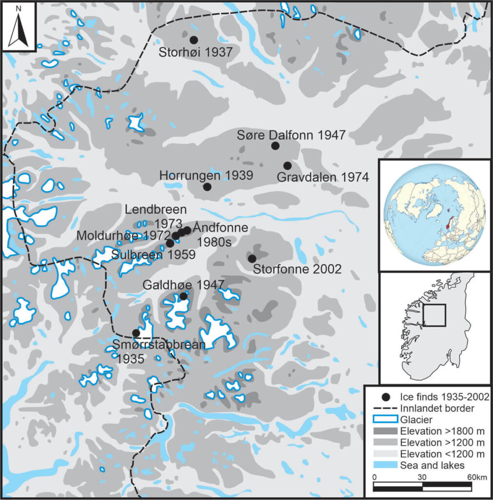 A map of find spots for early ice finds in Innlandet County, Norway